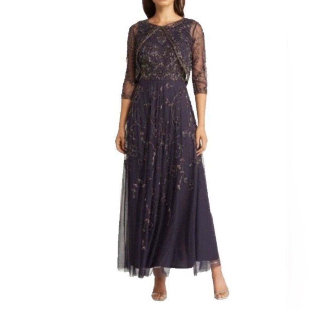 Pisarro Nights purple/navy Embellished Maxi Gown with Sheer Sleeves
